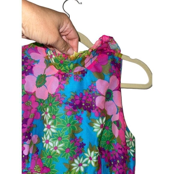 Vintage Floral Maxi Dress Size Small Pink Blue Ruffle Trim High Neck Tiered - Picture 13 of 16